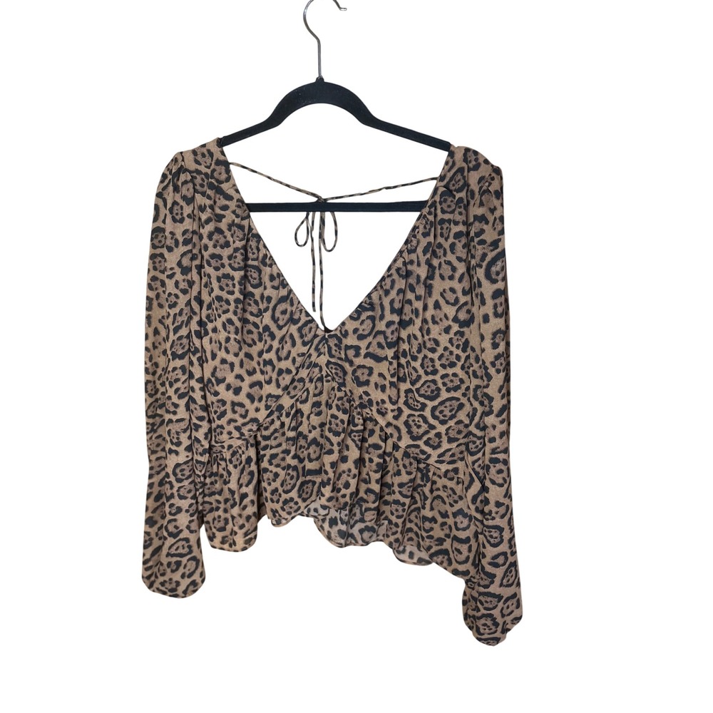 H&M Leopard Print Peplum Top XL Brown Black V-Neck Tie Back Long Sleeve Blouse